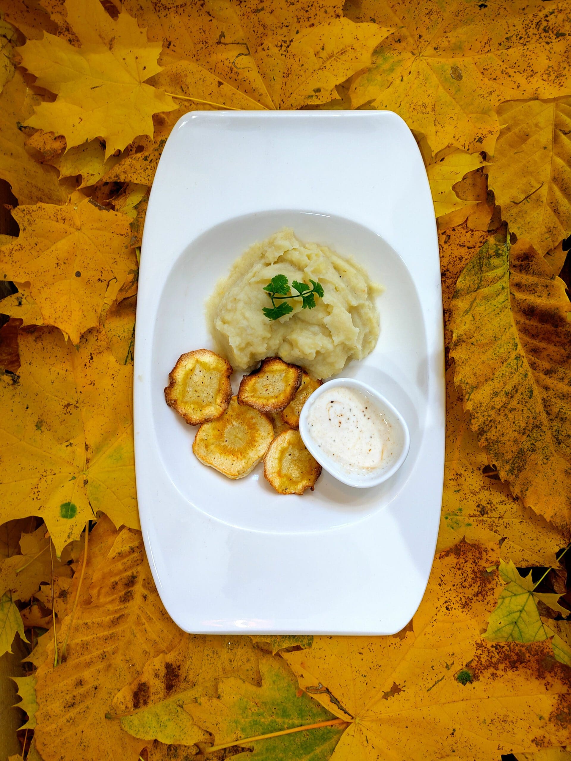 photos de purée de topinambours avec des chips de panais et sa sauce yahourt cumin