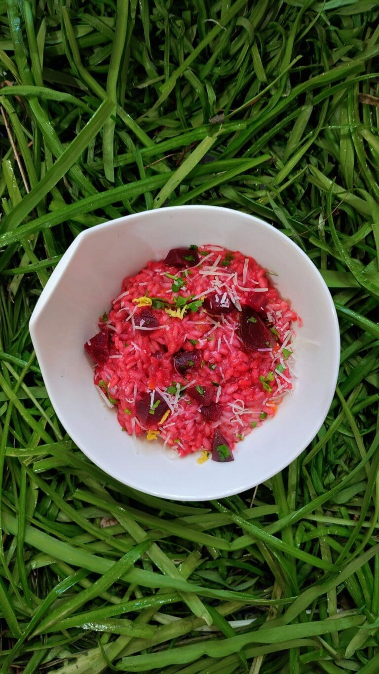 recette de risotto à la betterave rouge, parmesan, gingembre et persil