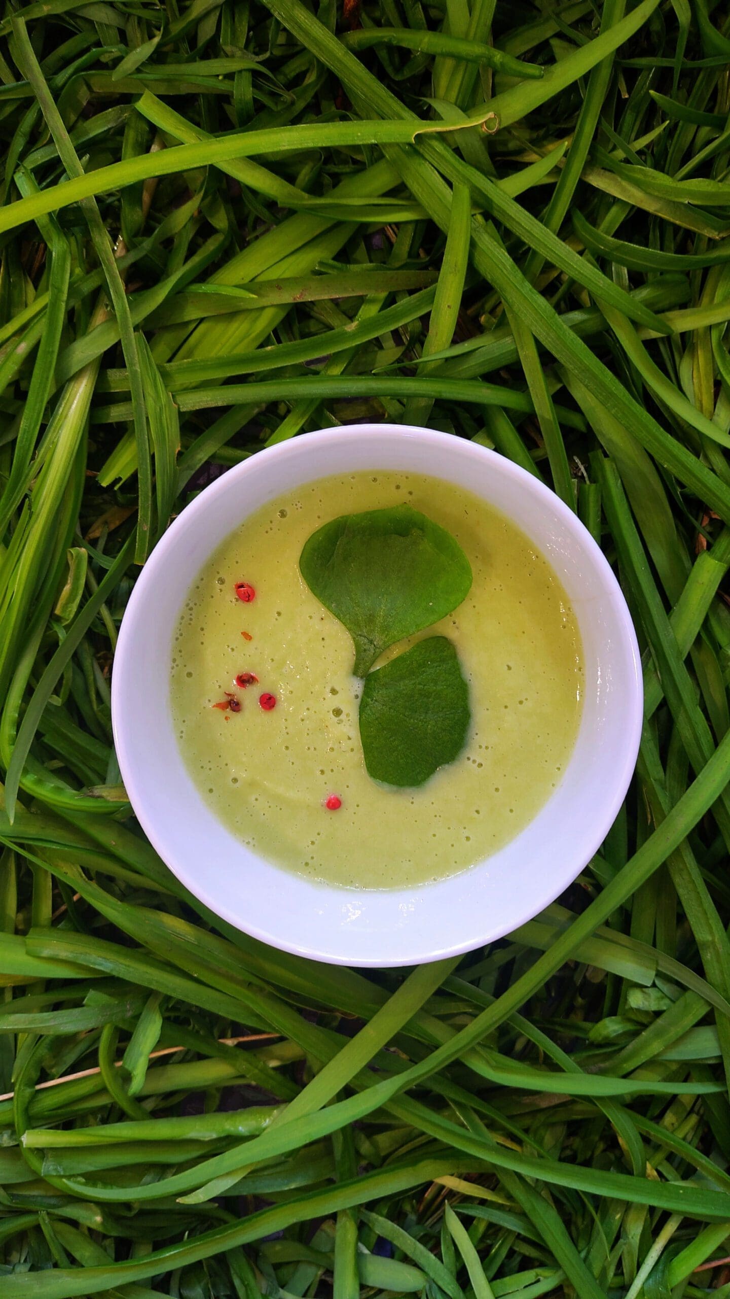 recette de soupe de panais, queues d'épinards, pourpier d'hiver et poivre rouge