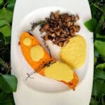recette de patate douce rôtie, sauce maïs emmental et champignons au paprika fumé