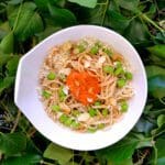 Spaghettis aux edamames, pesto rouge, amandes effilées et grana padano